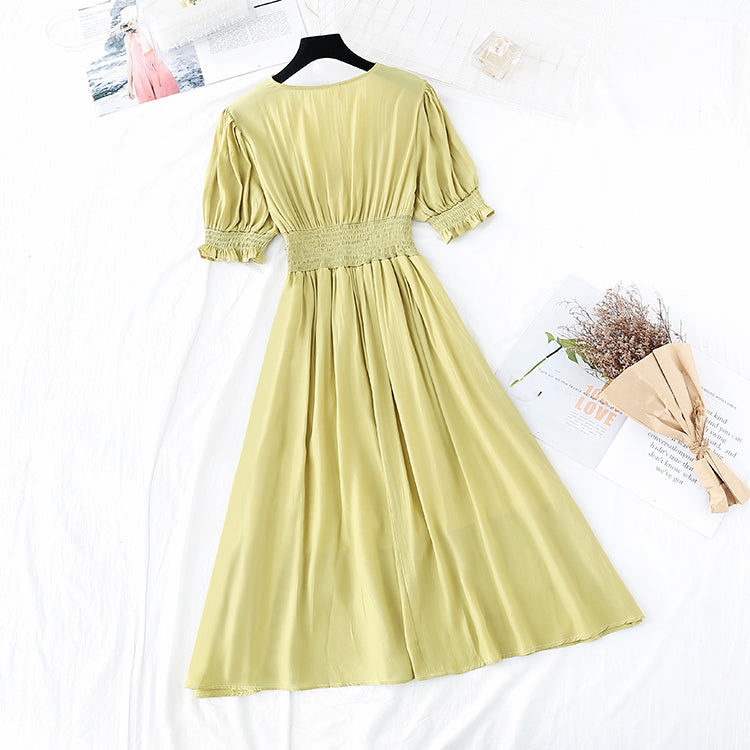 Super fairy bubble sleeve gentle wind high waist thin temperament dress  4209