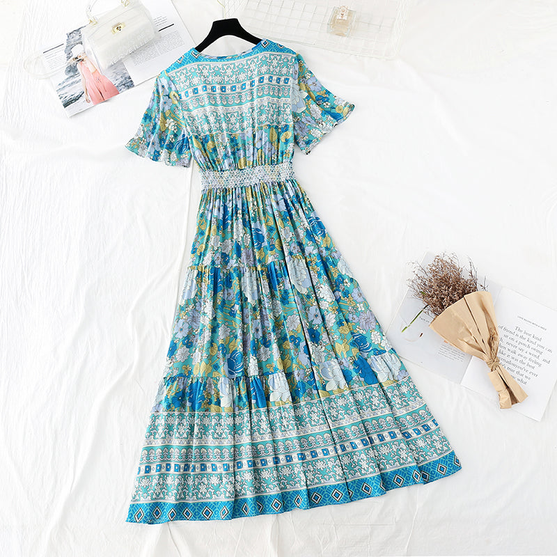 V-neck French waist closing thin Floral Cotton Dress  4212