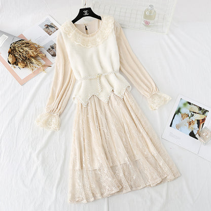 Knitted vest mink sweater lace skirt set two piece set  3993