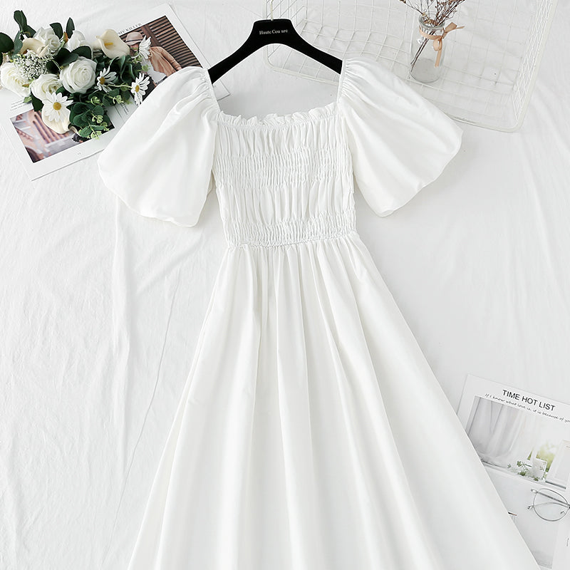 New French square neck off shoulder bubble sleeve cotton linen dress  4255