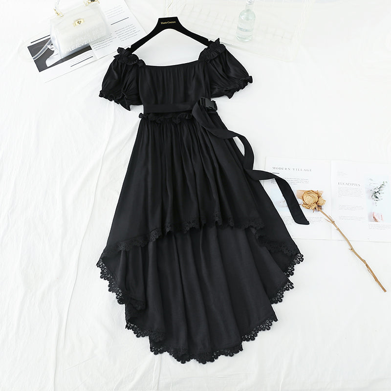 Narrow waist, thin bubble sleeve temperament, sweet white irregular skirt  4194