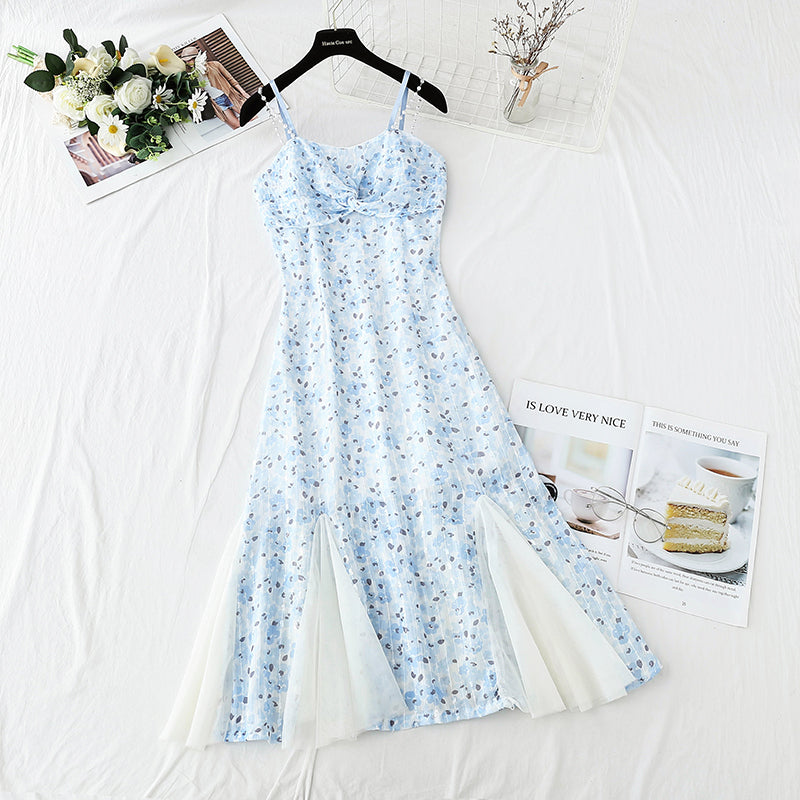 Design sense niche purple fishtail skirt Chiffon floral suspender dress  4409