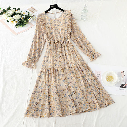 Chiffon waistband slim round neck fungus super xiansen floral skirt  3932