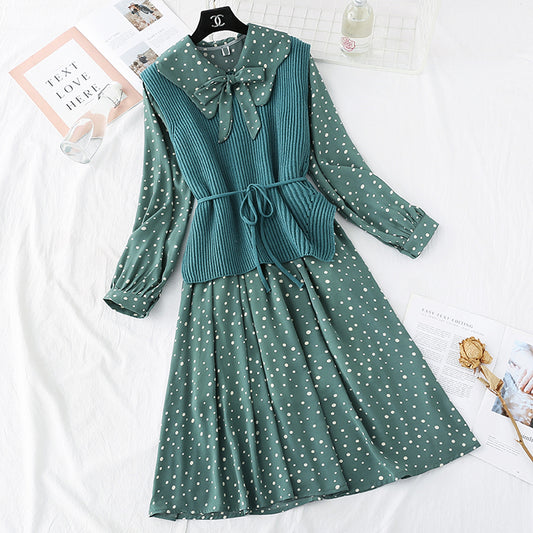 Knitted vest Sen sweater sweet wave point Chiffon Skirt Set two-piece set  3991