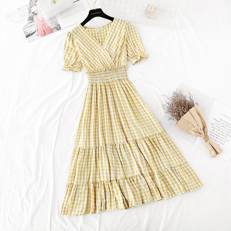 Ruffle Sleeve Plaid temperament dress goddess style thin dress  4206
