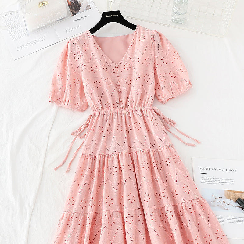 Hook embroidery French retro waist closing long skirt with thin temperament  4221