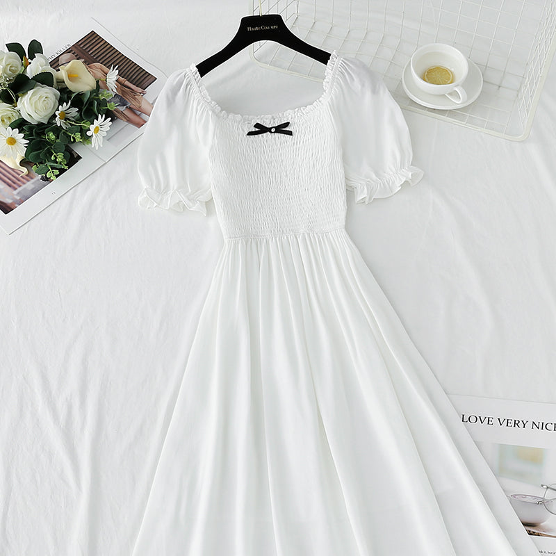 French retro dress square neck bubble sleeve lace edge  4271