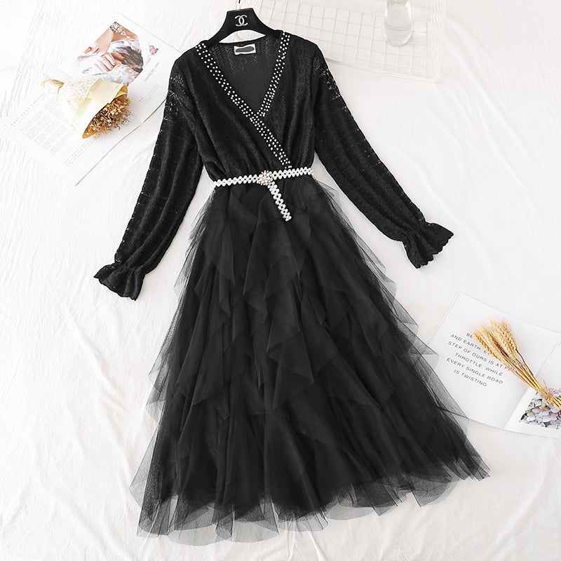 Mesh stitched cake skirt shows thin temperament at the waist  4045