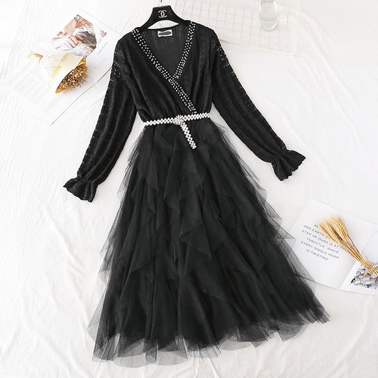 Mesh stitched cake skirt shows thin temperament at the waist  4045