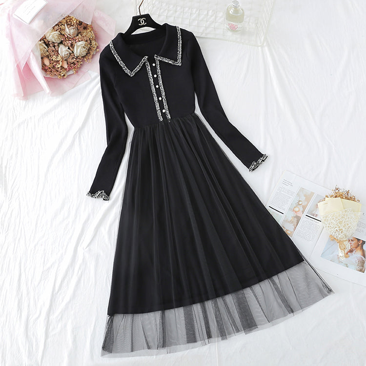 New mesh stitching small fragrance fairy slim bottom skirt  4300