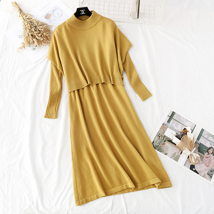 French retro waist closing thin temperament sweater long skirt suit  3943