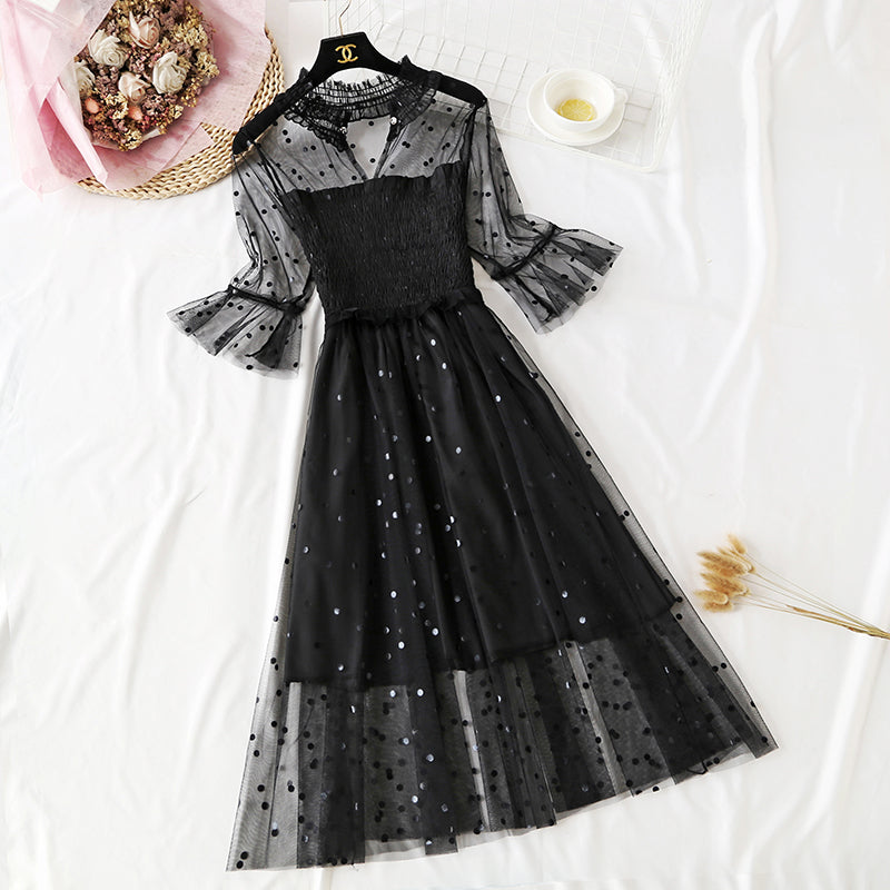 Small wave dot mesh dress retro long skirt over the knee  4465