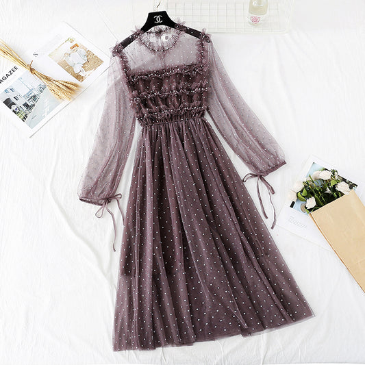 Sanftes Windnetzkleid Französisches Retro-Interieur mit unterem Rock 4004