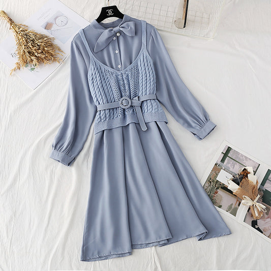 College style long sleeve bottomed skirt + suspender vest  3942