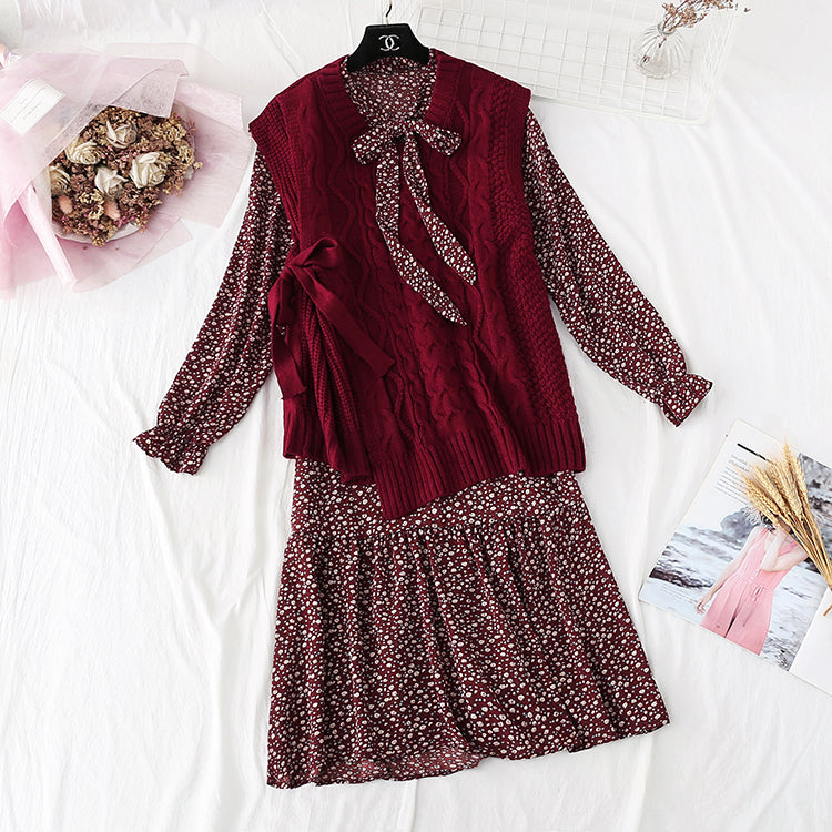 Knitted sweater vest set with a bottomed floral skirt  4008