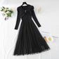 Mesh stitched knitted dress temperament long skirt  4416