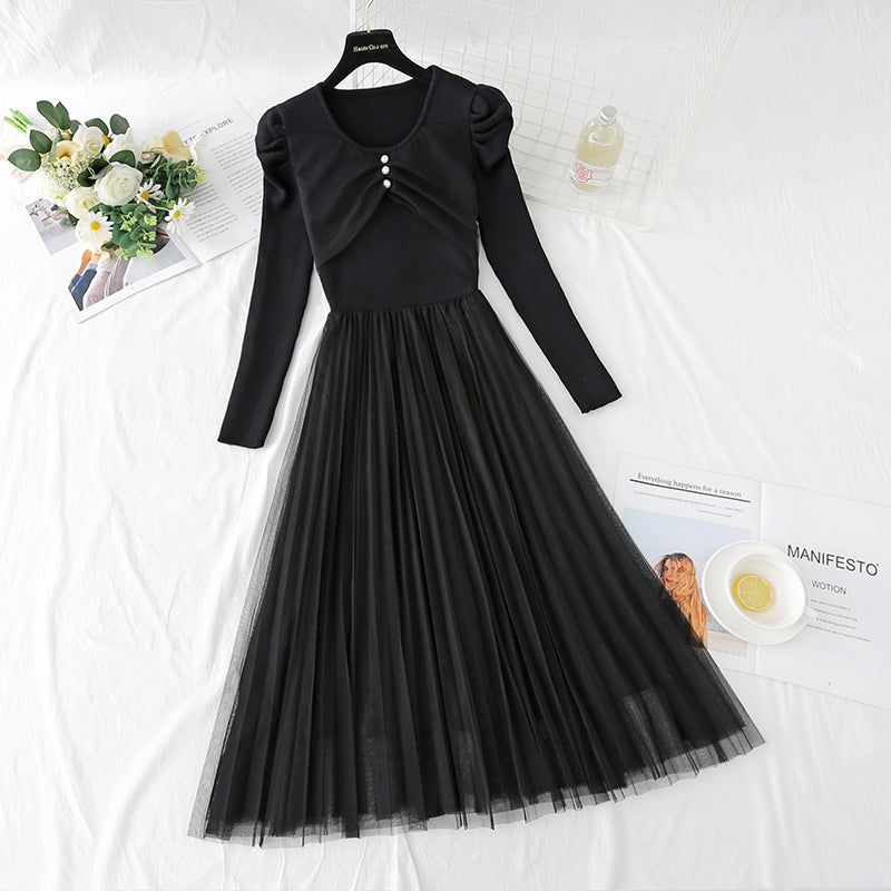 Mesh stitched knitted dress temperament long skirt  4416