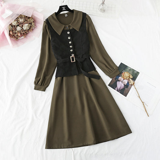 New Vest + French retro doll neck long sleeve bottomed skirt  3949