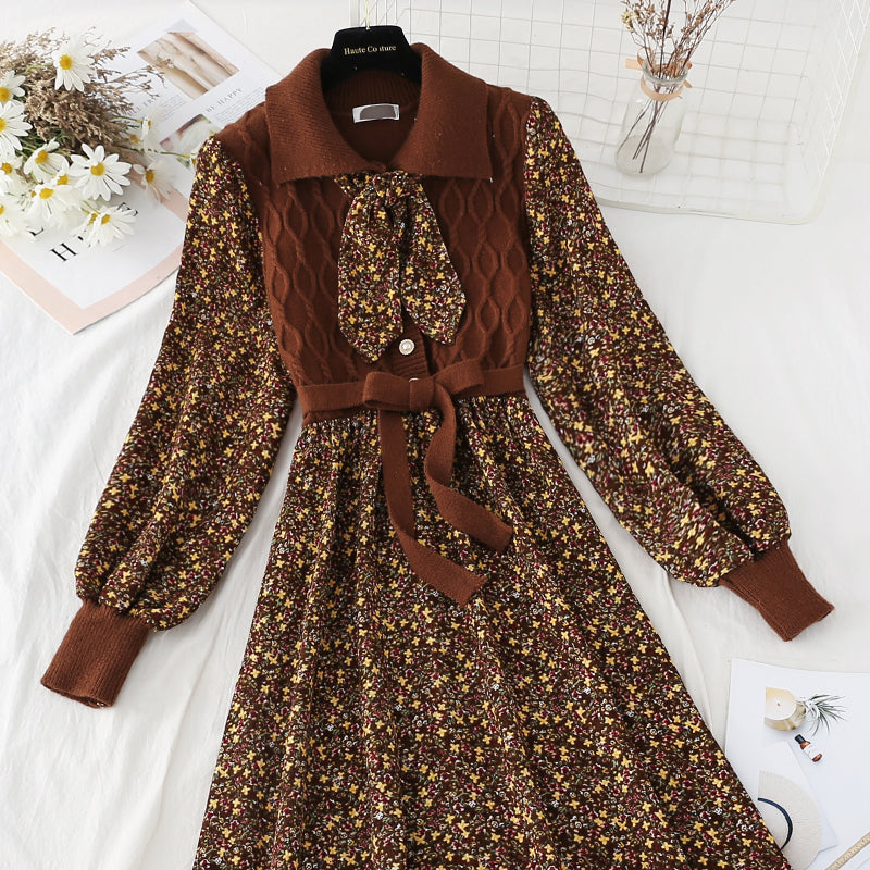 Patchwork lace up floral skirt slim elastic waist Corduroy Skirt  4086