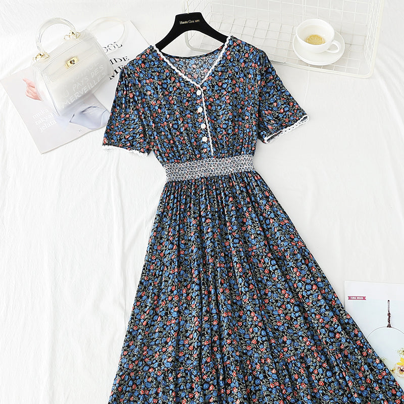 Cotton linen dress female V-neck floral dress waist  4245