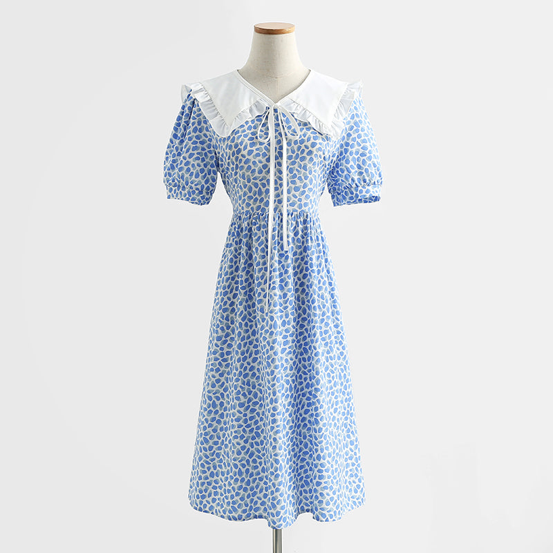 French retro doll neck cotton linen Floral Dress  4290