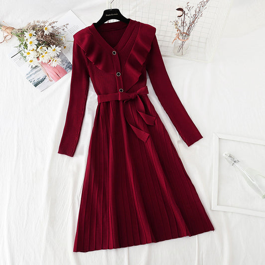Ruffle lace up waist slim red dress  4068
