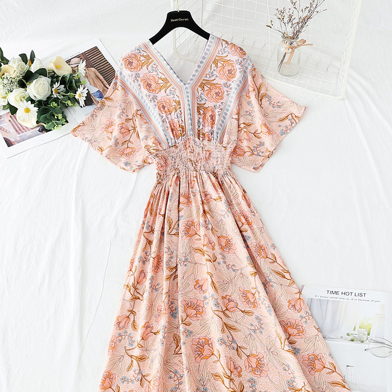 Cotton linen dress French retro V-neck national style  4258