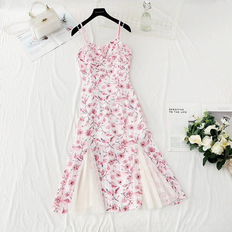 Design sense niche purple fishtail skirt Chiffon floral suspender dress  4124