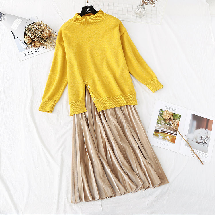 Split sweater + golden velvet skirt suit two-piece set  3977