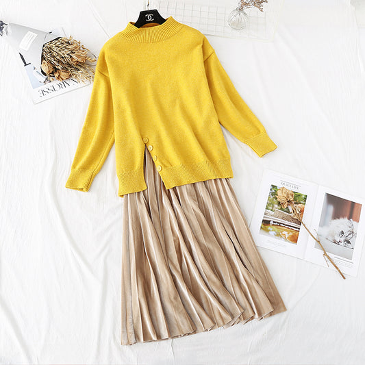 Split sweater + golden velvet skirt suit two-piece set  3977