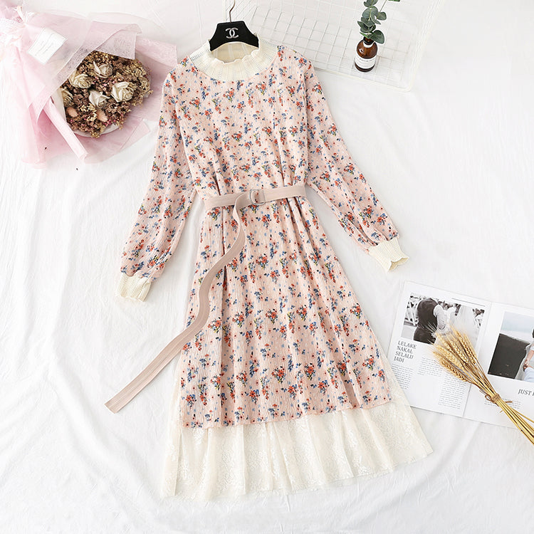 Printed French retro pleated slim waist skirt  3967