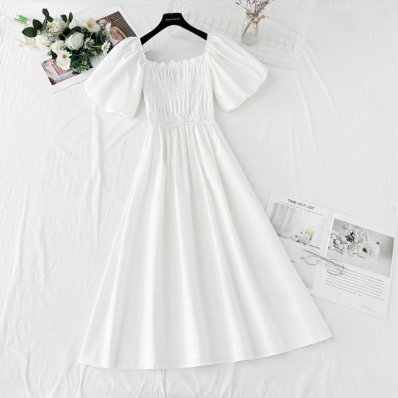 New French square neck off shoulder bubble sleeve cotton linen dress  4255