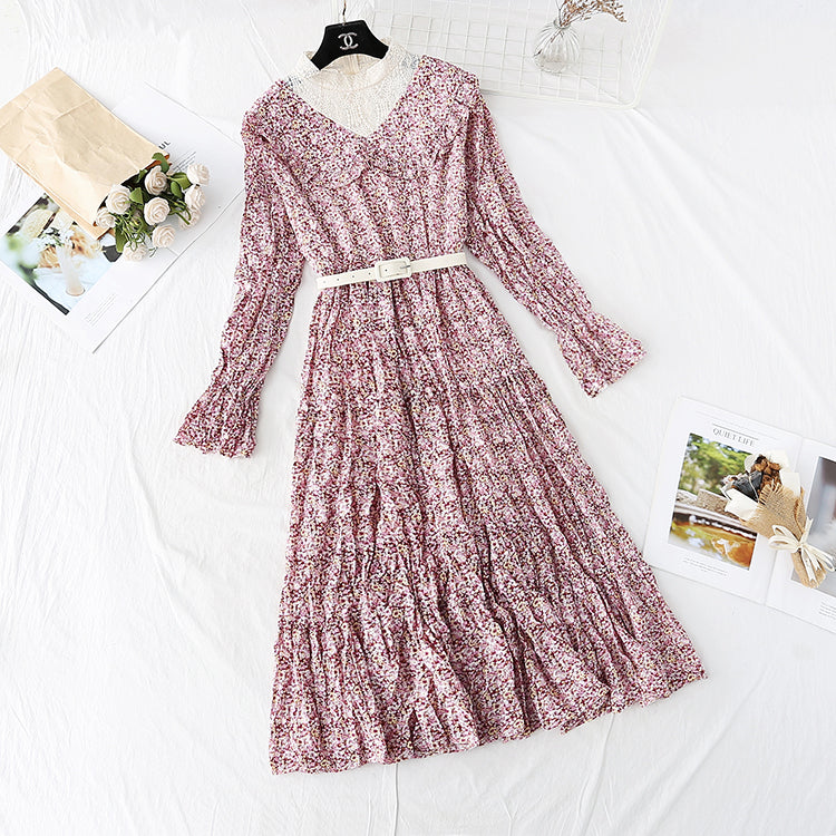 Floral Chiffon Dress Lace Collar fake two-piece bottom skirt  4006