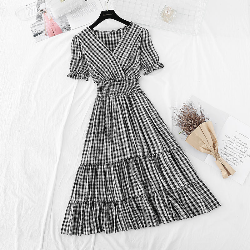 Ruffle Sleeve Plaid temperament dress goddess style thin dress  4206