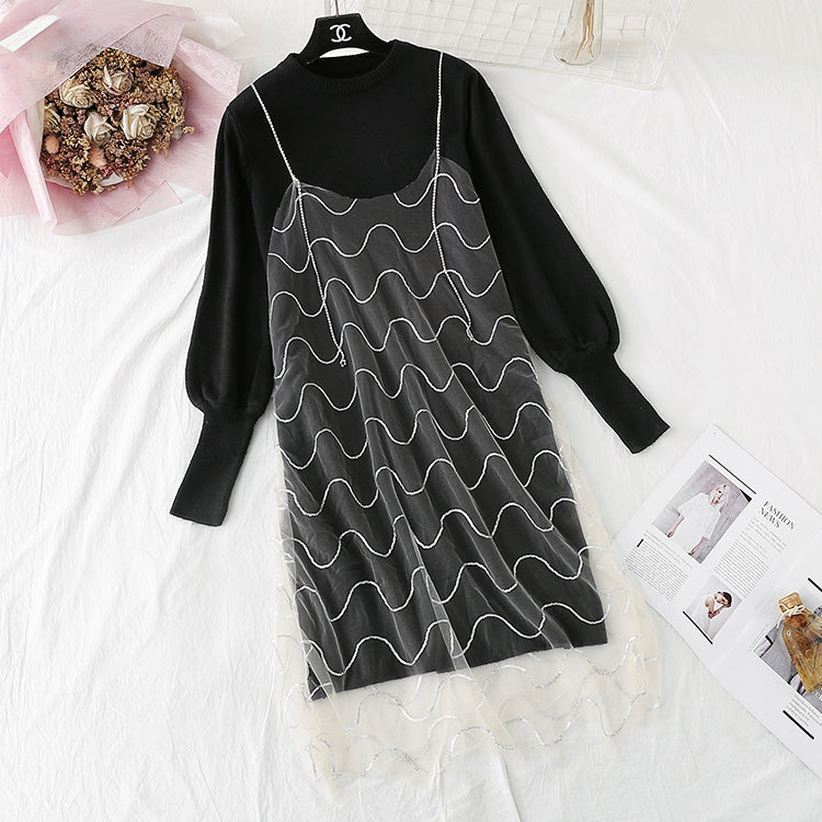 Knitted dress small Xiangfeng net red sweater suspender yarn skirt suit  4464