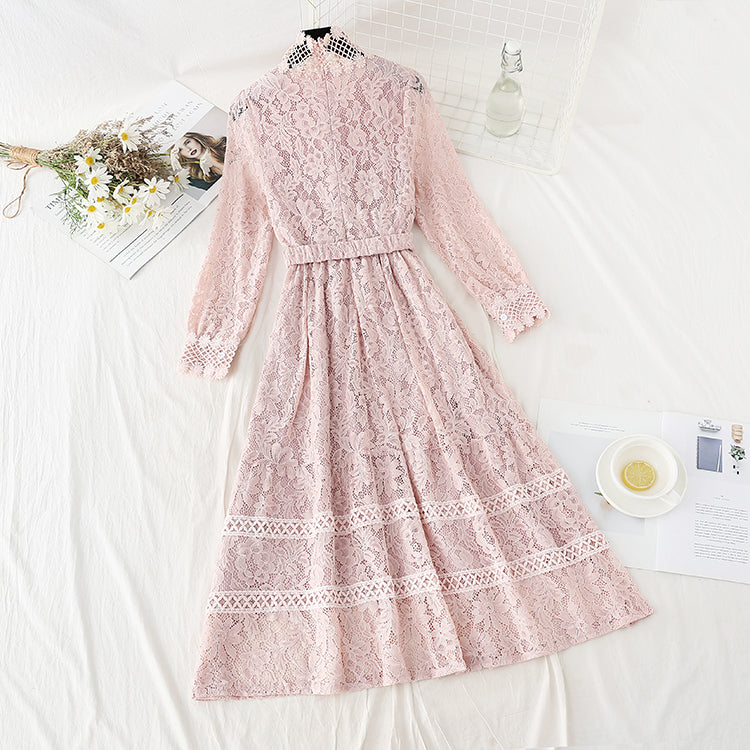 Stitched lace dress gentle style slim temperament bottomed skirt women  4094
