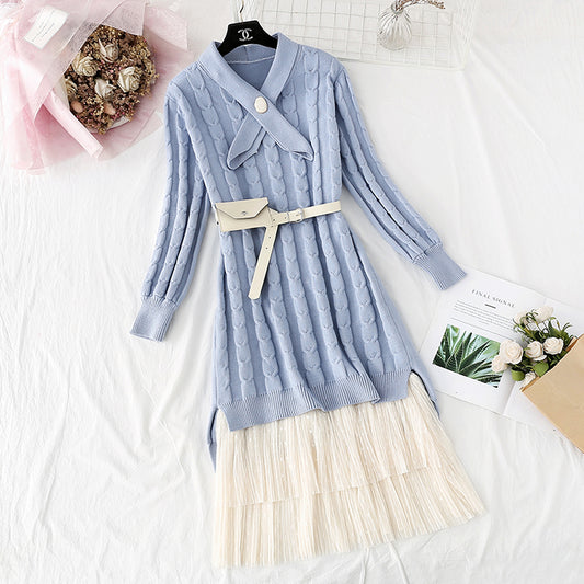 Knee sweater mesh cake skirt suit foreign style  3952