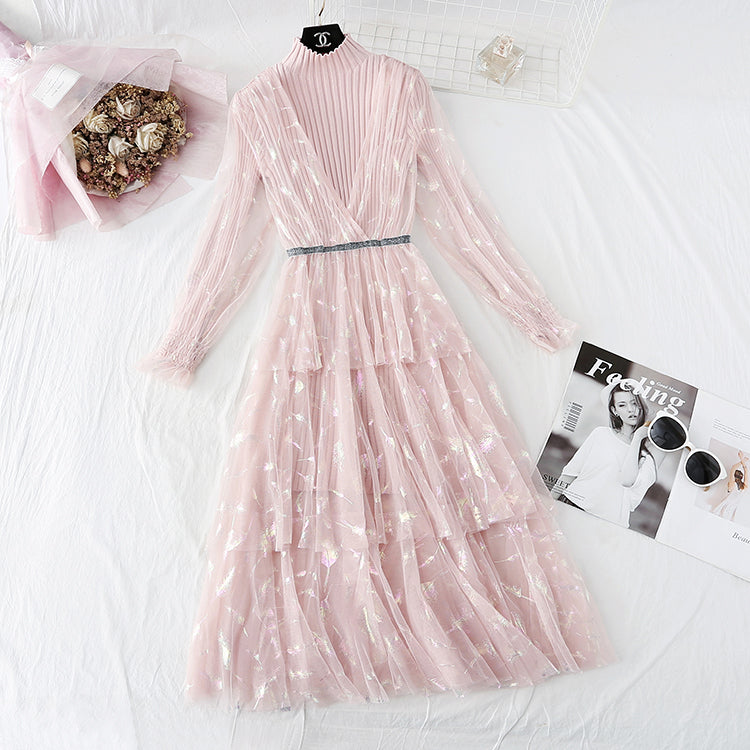 Super fairy foreign style feather mesh dress  4077