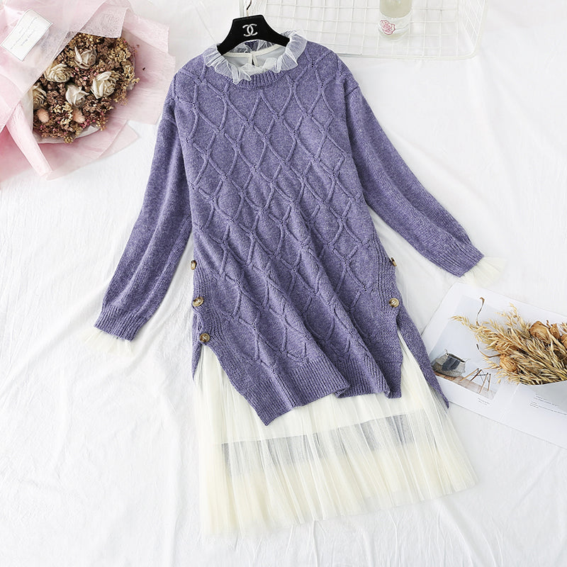 Retro Pullover Sweater + mesh bottomed skirt two-piece suit skirt  3957