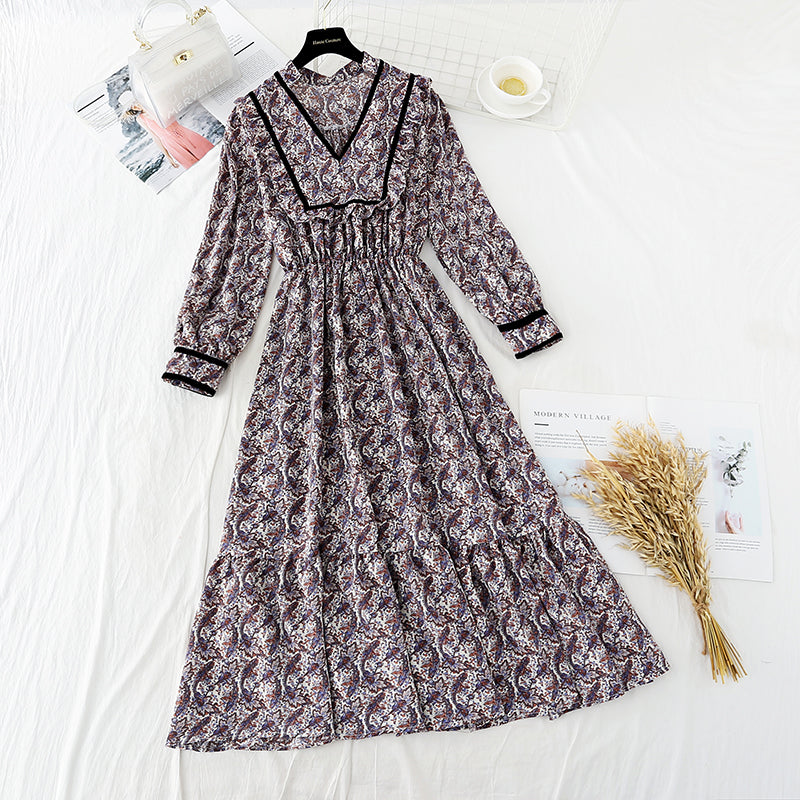 Narrow waist floral skirt children's French Long Sleeve Chiffon Dress  3902