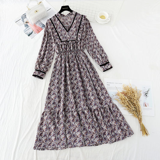 Narrow waist floral skirt children's French Long Sleeve Chiffon Dress  3902