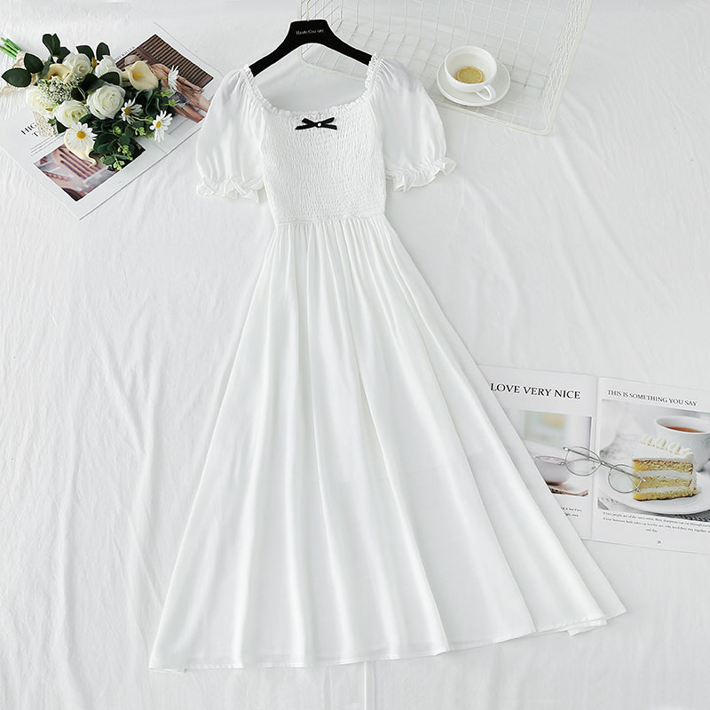 French retro dress square neck bubble sleeve lace edge  4271