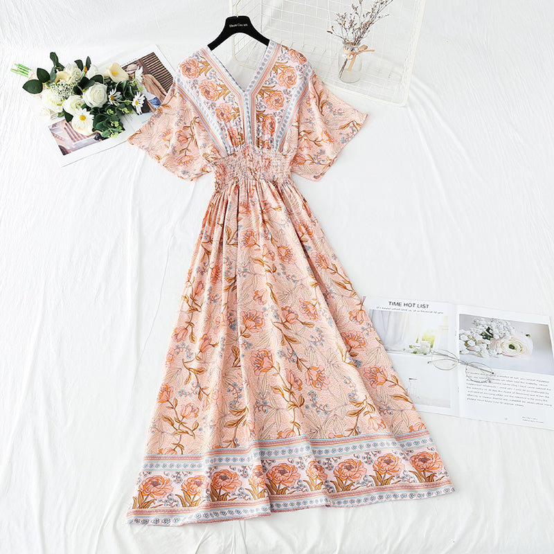 Cotton linen dress French retro V-neck national style  4258