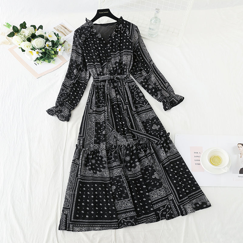 Temperament gentle wind long sleeve skirt high thin dress  3914
