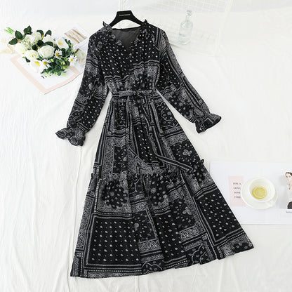 Temperament gentle wind long sleeve skirt high thin dress  3914