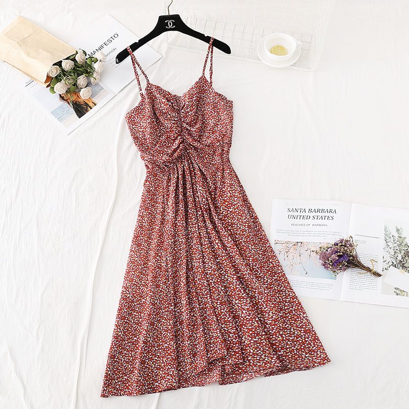 Broken flower suspender dress, super xiansen French style, slim waist  4111