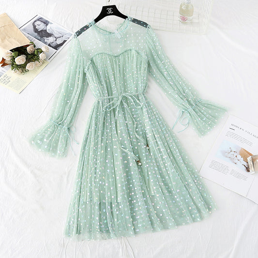 Sweet wave dot lace mesh dress  4039