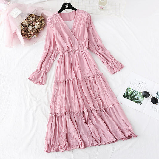 Chiffon slim retro pleated skirt medium length  3995