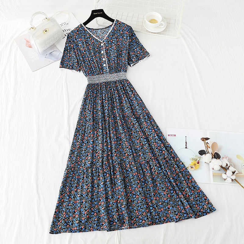 Cotton linen dress female V-neck floral dress waist  4245
