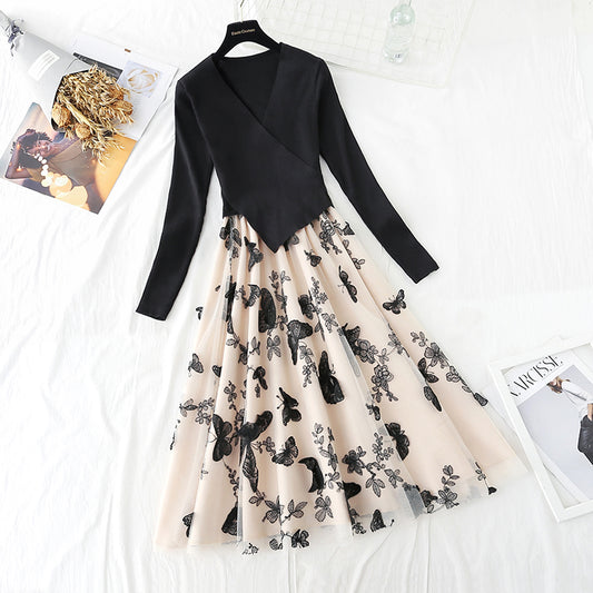Irregular knit stitching fake two-piece mesh Butterfly Embroidery skirt female  3933